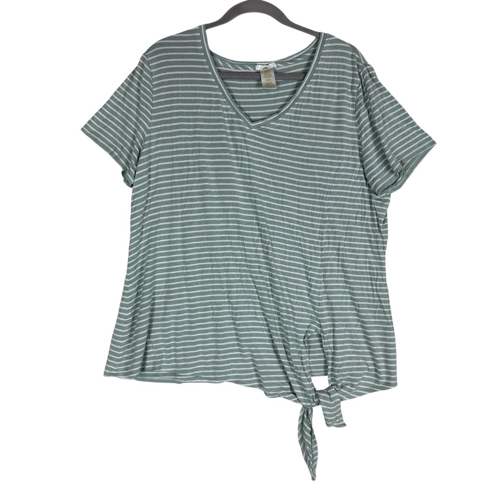 Matty M Shirt Womens XXL Green White Stripe V Neck Tie Front Short Sleeve